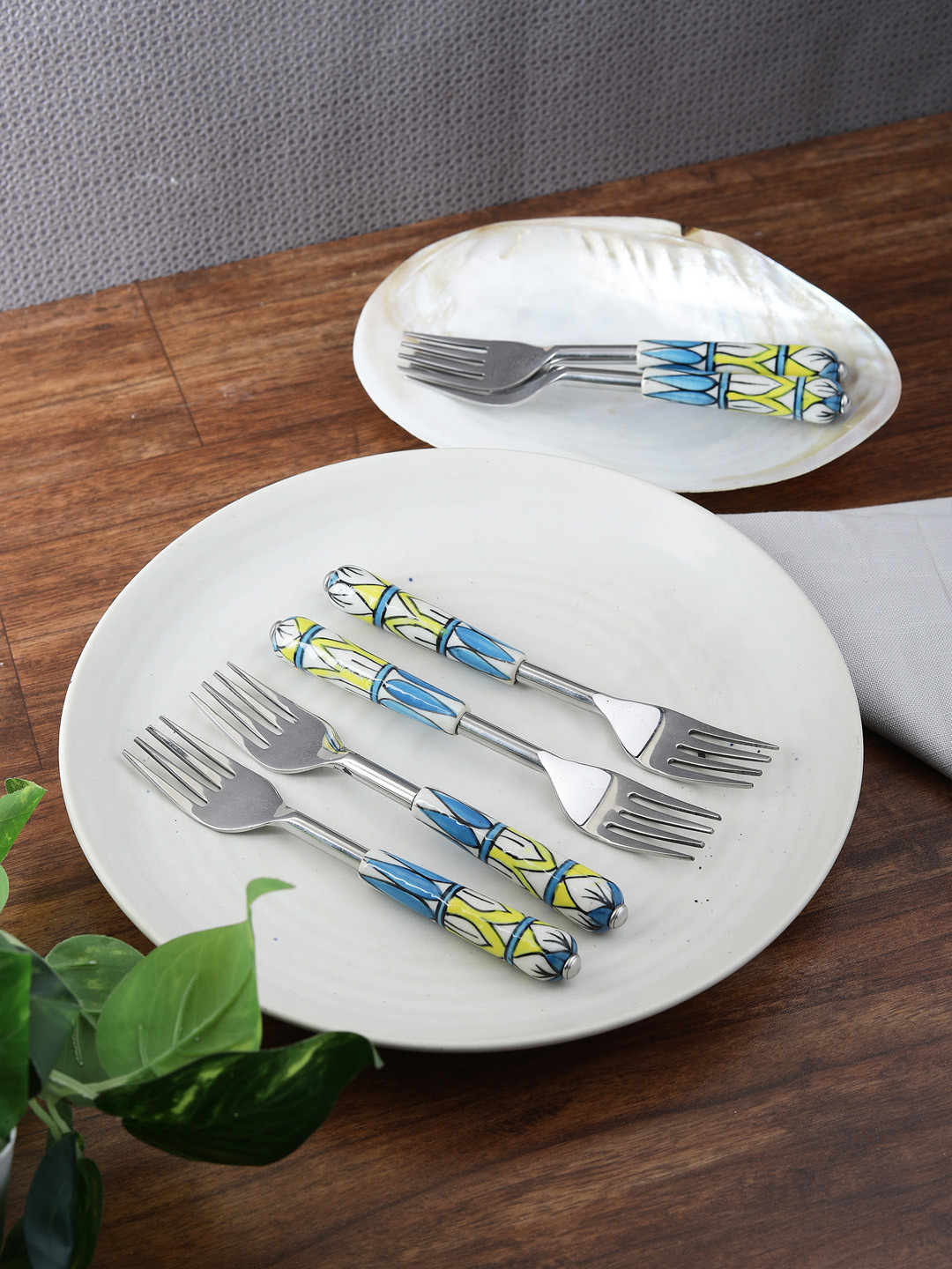 

VarEesha Blue Set Of 6 Printed Stainless Steel Hand-Painted Fork Set