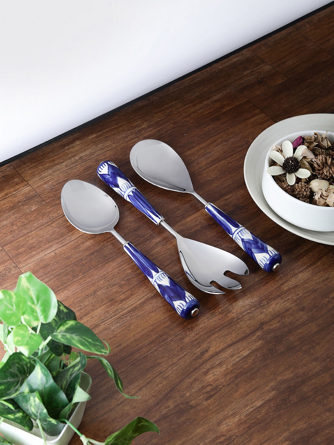 VarEesha Set Of 3 Printed Stainless Steel Hand-Painted Spoon Set, Blue