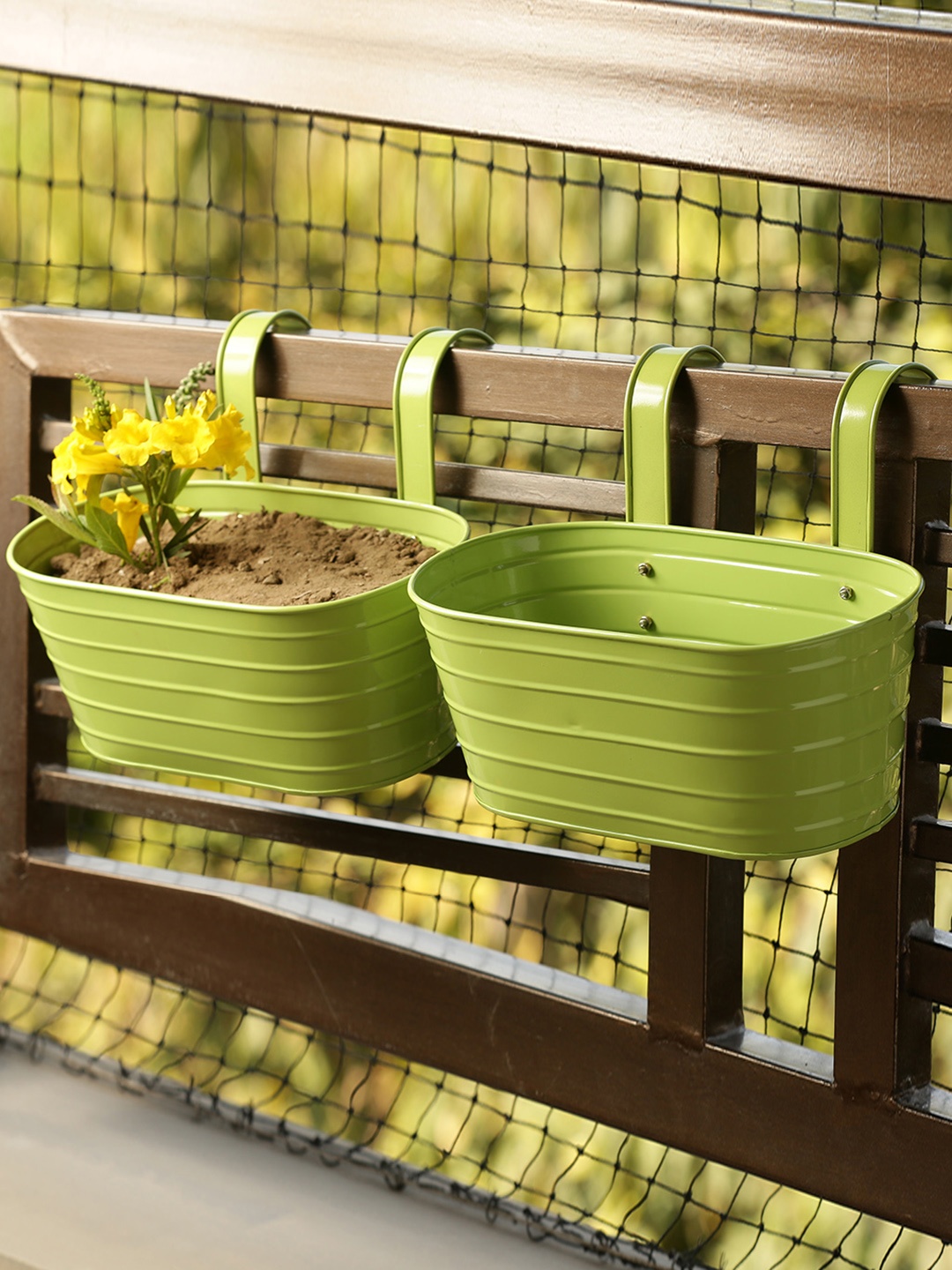 

ExclusiveLane Set of 2 Green Solid Hand-Painted Railing Cum Table Planter Pots