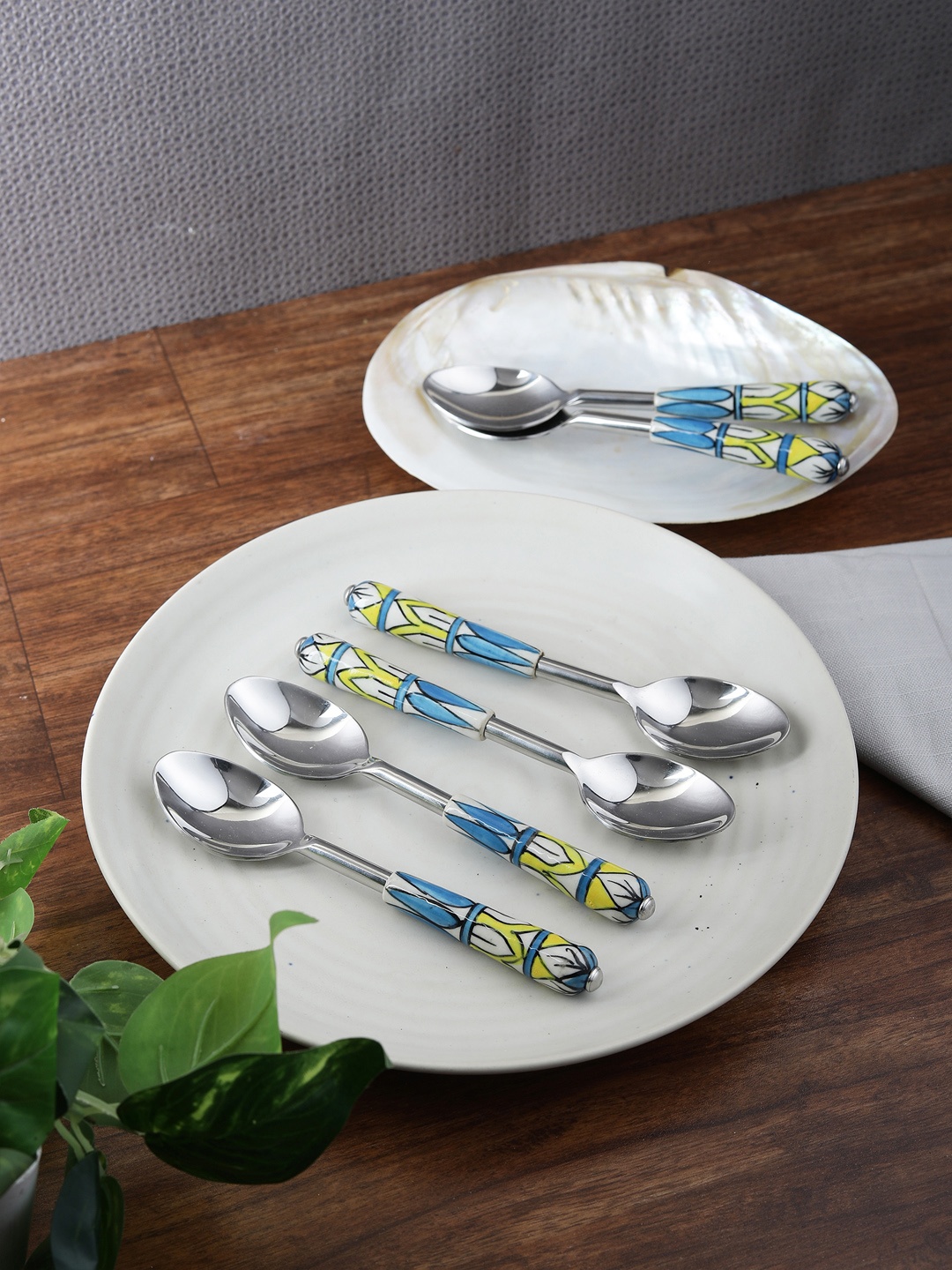 

VarEesha Black Set Of 6 Printed Stainless Steel Hand-Painted Spoon Set, Blue
