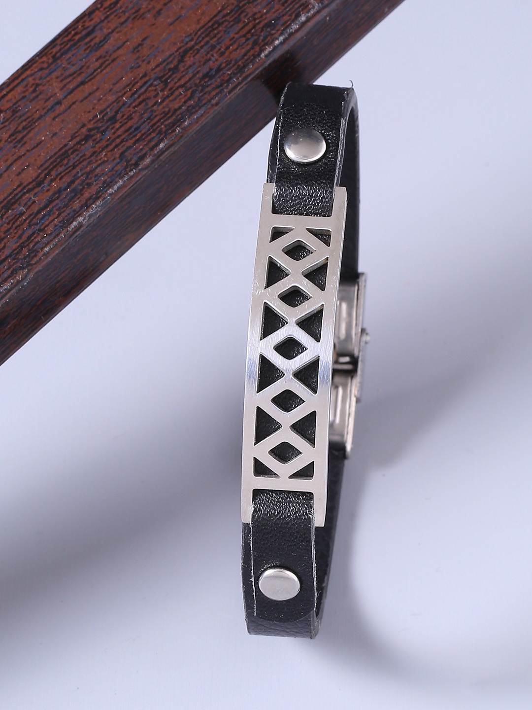 

Dare by Voylla Men Silver-Plated & Black Leather Handcrafted Wraparound Bracelet