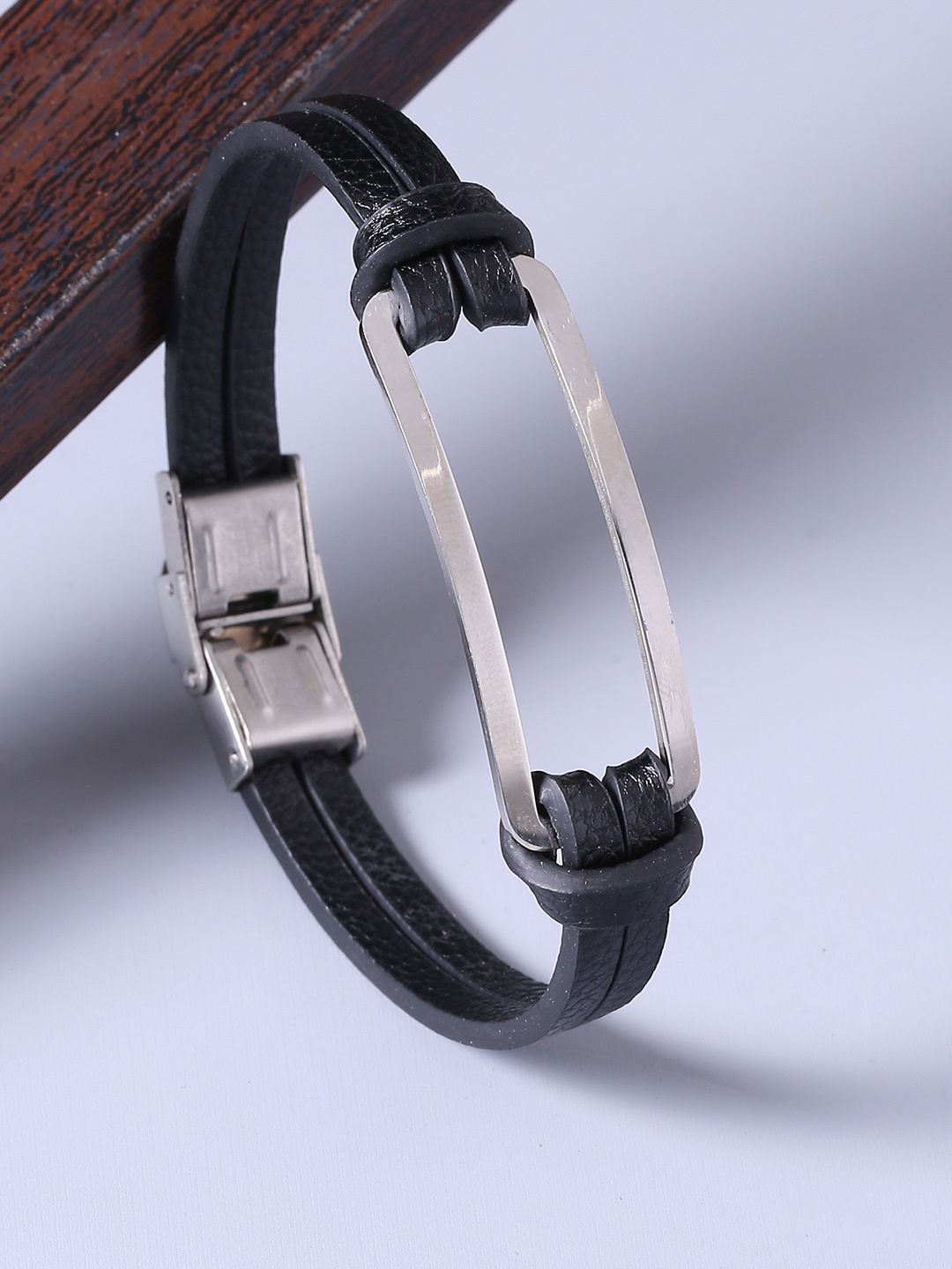 

Dare by Voylla Men Black & Silver-Plated Leather Handcrafted Wraparound Bracelet