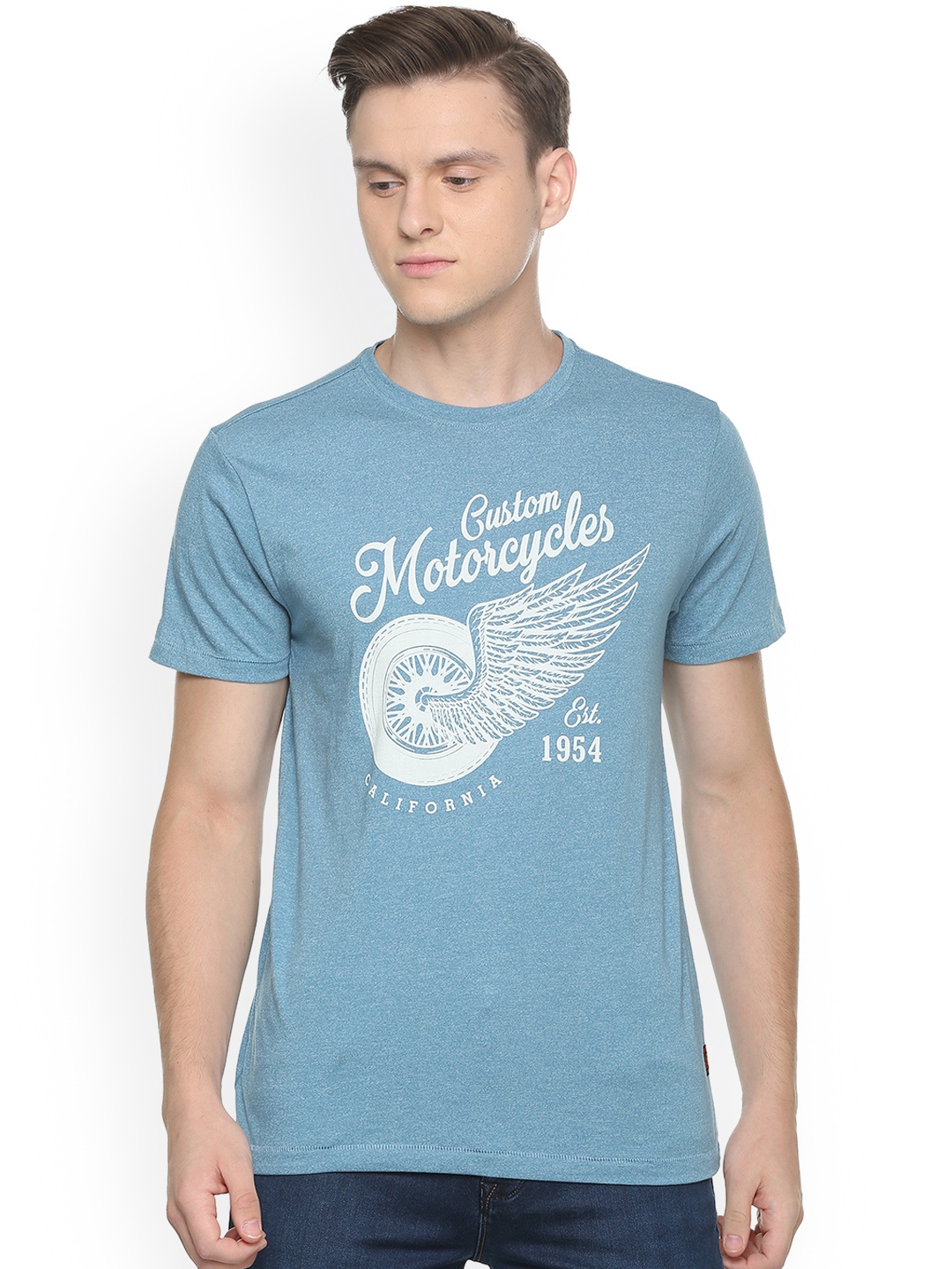 

People Men Blue Printed Round Neck Pure Cotton T-shirt