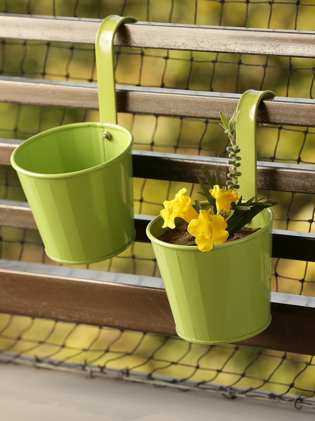 

ExclusiveLane Set of 2 Tiny Grass Green Solid Railing Cum Planter Pots
