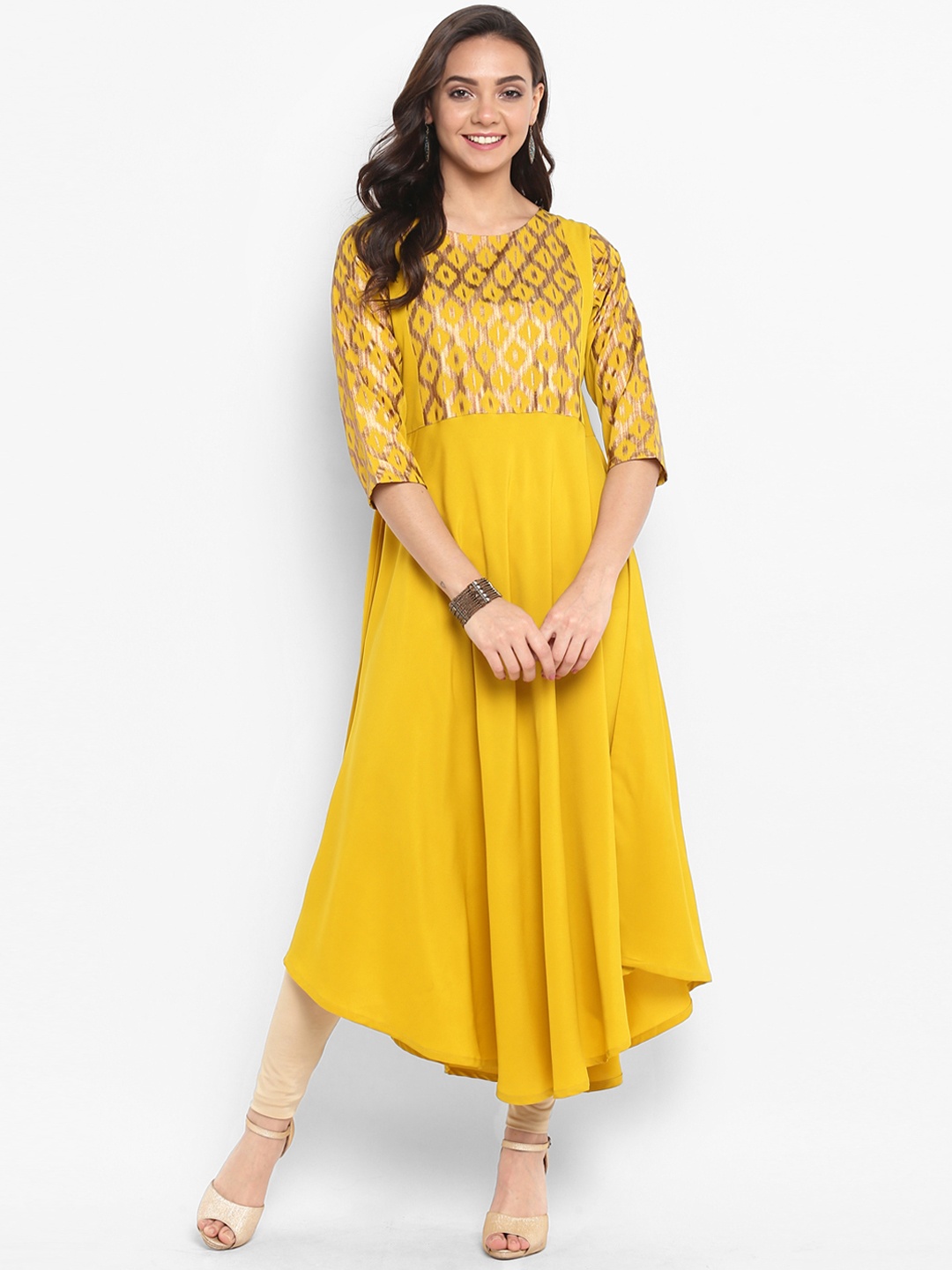 Janasya Women Yellow Yoke Design A-Line Kurta