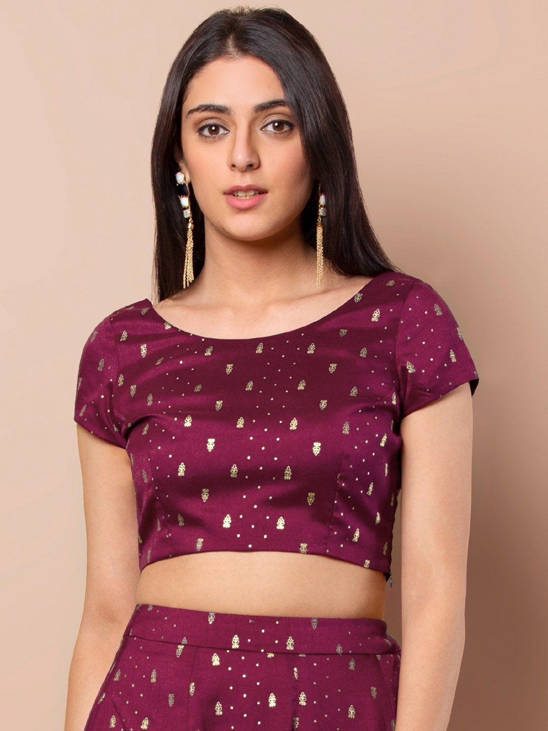 

INDYA Women Burgundy Printed Fitted Top