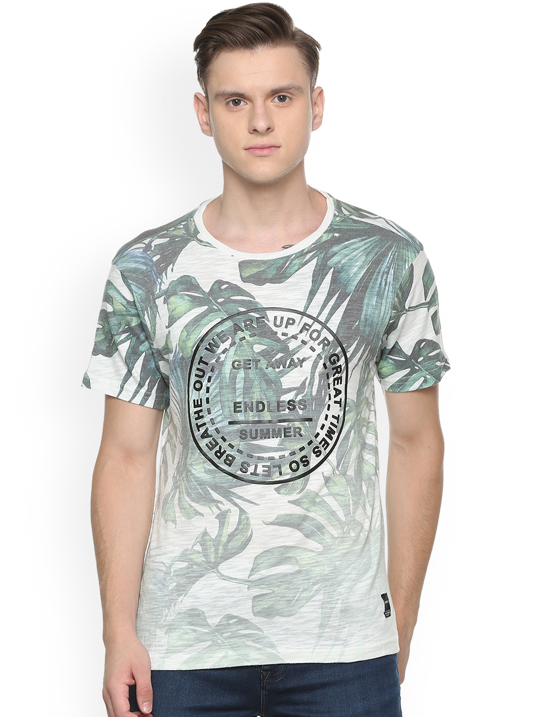 

People Men Grey Printed Round Neck T-shirt
