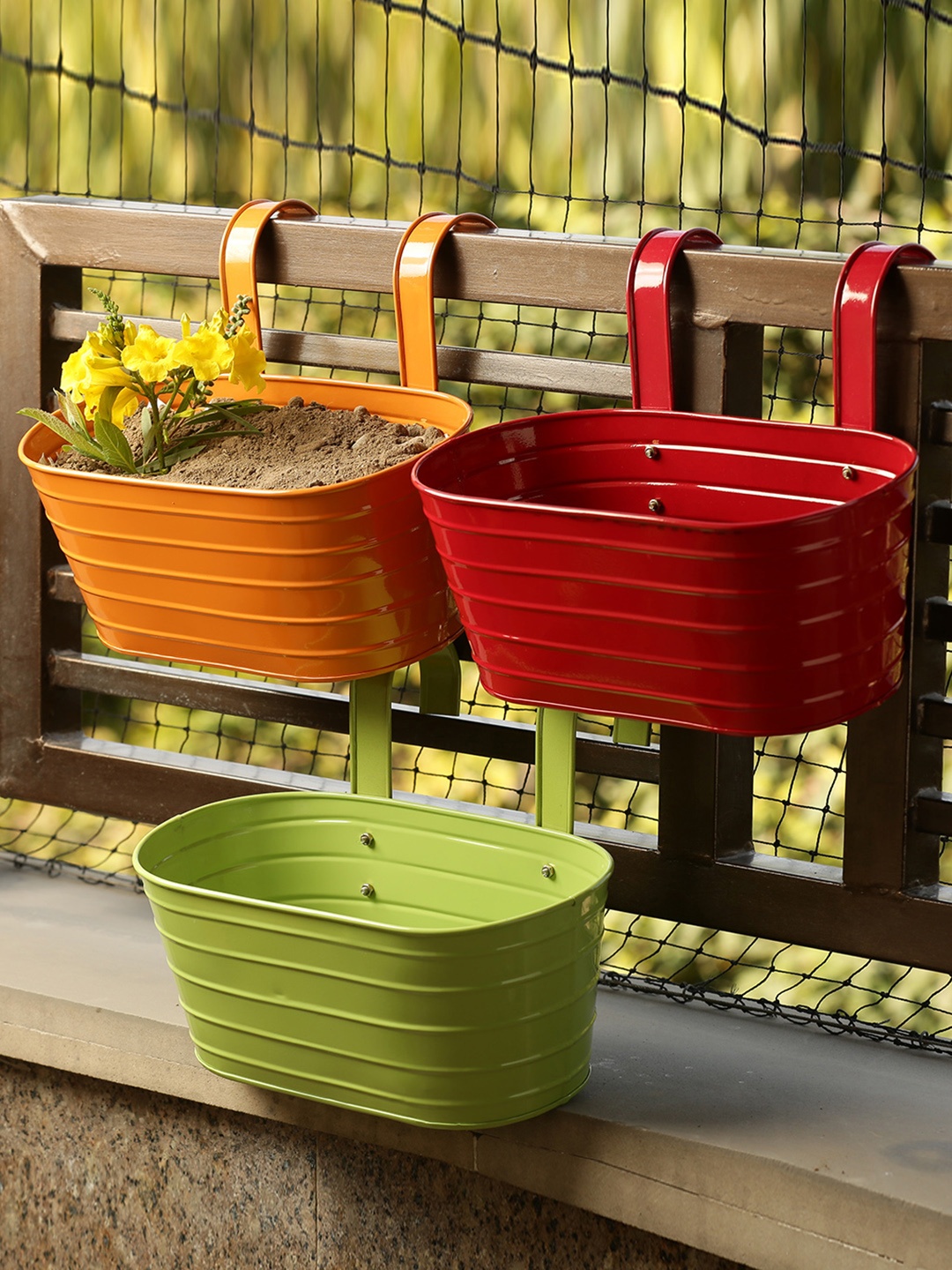 

ExclusiveLane Set of 3 Multicolored Hand-Painted Railing Cum Table Planters Pots, Multi