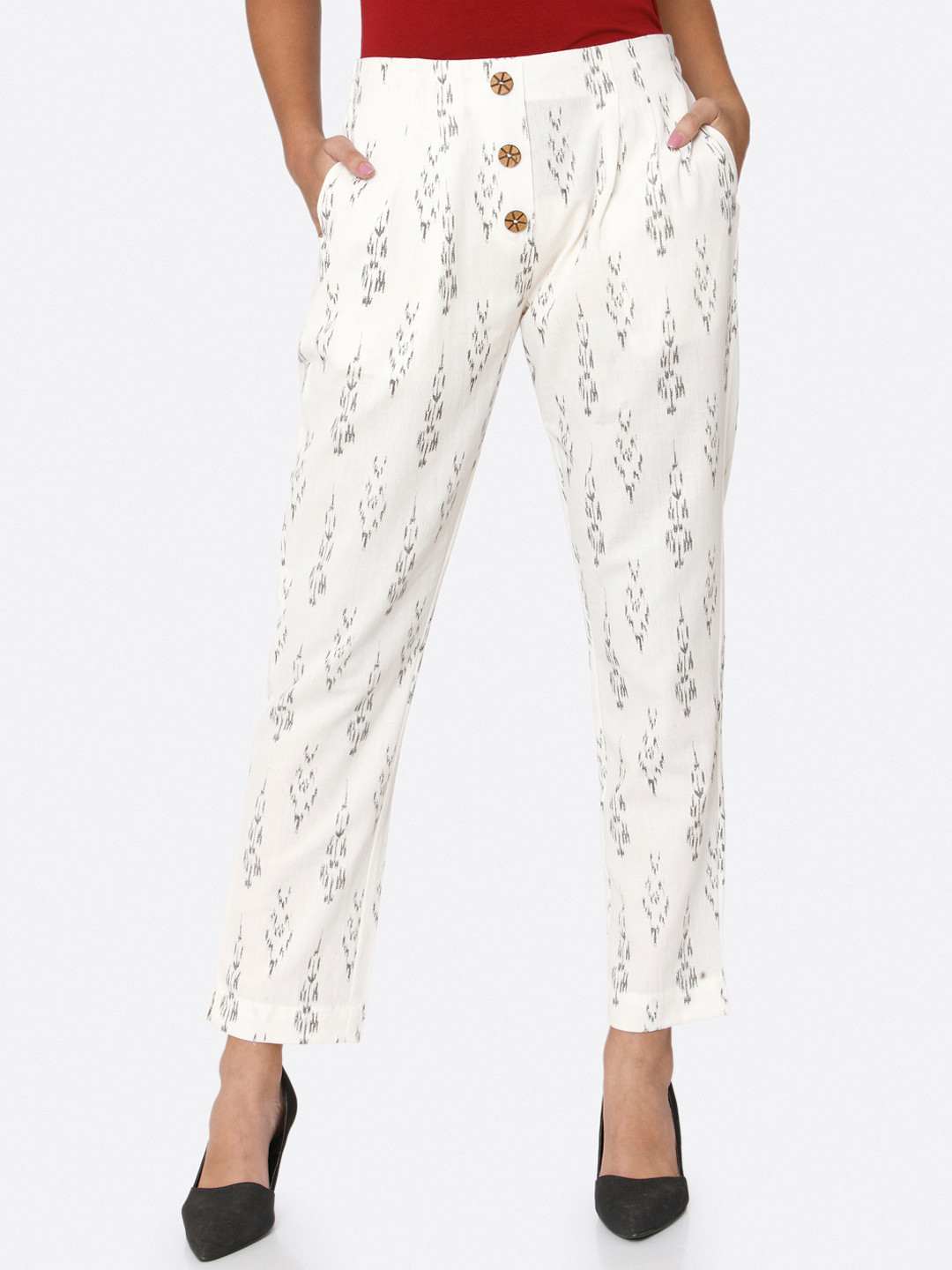 

RAISIN Women White Regular Fit Printed Regular Trousers