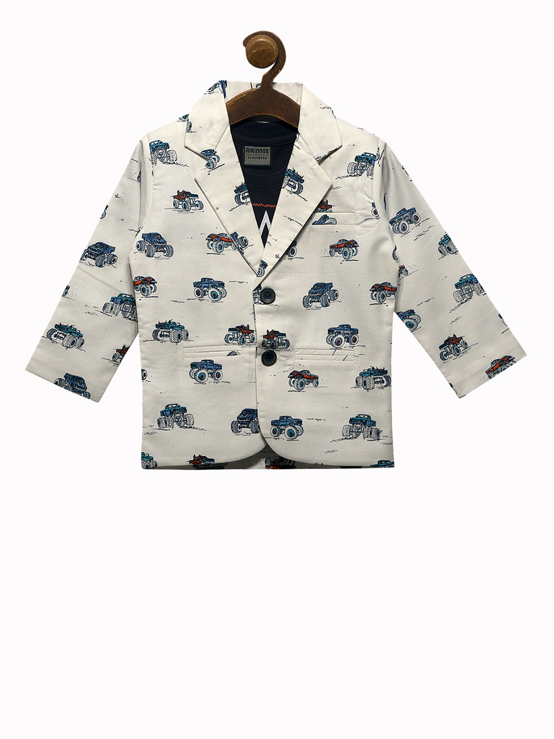 

RIKIDOOS Boys White & Navy Blue Printed Single-Breasted Blazer with Tshirt