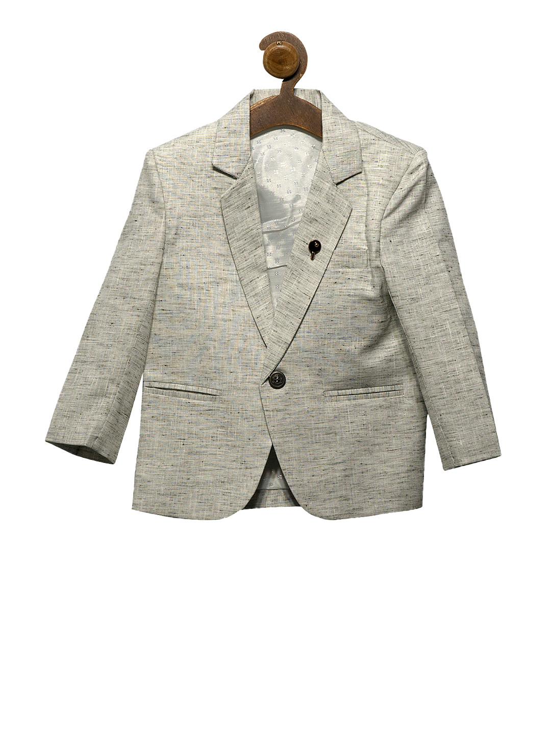 

RIKIDOOS Boys Grey Self Design Tailored Fit Single-Breasted Pure Cotton Blazer