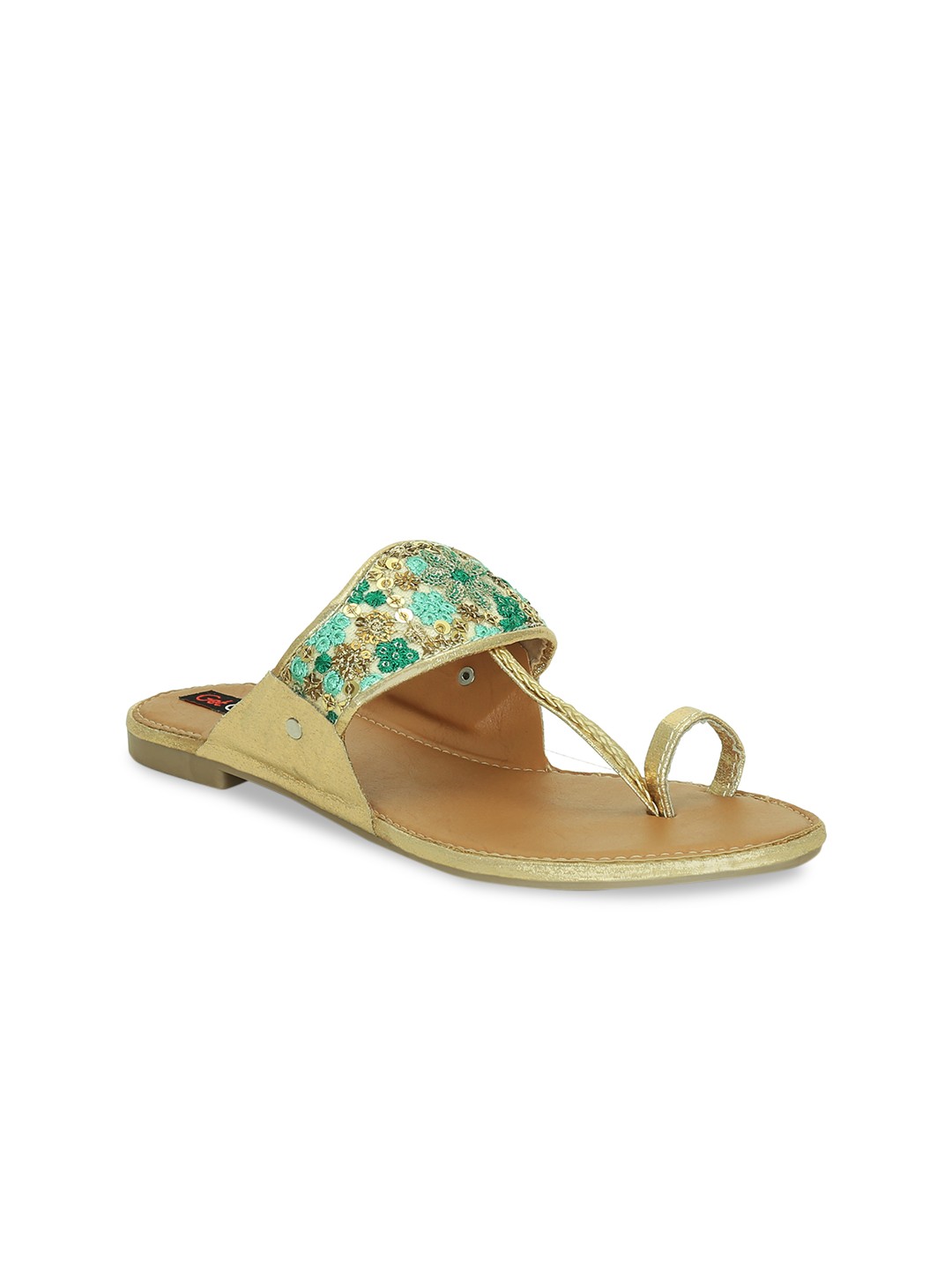 

Get Glamr Women Gold-Toned Woven Design One Toe Flats