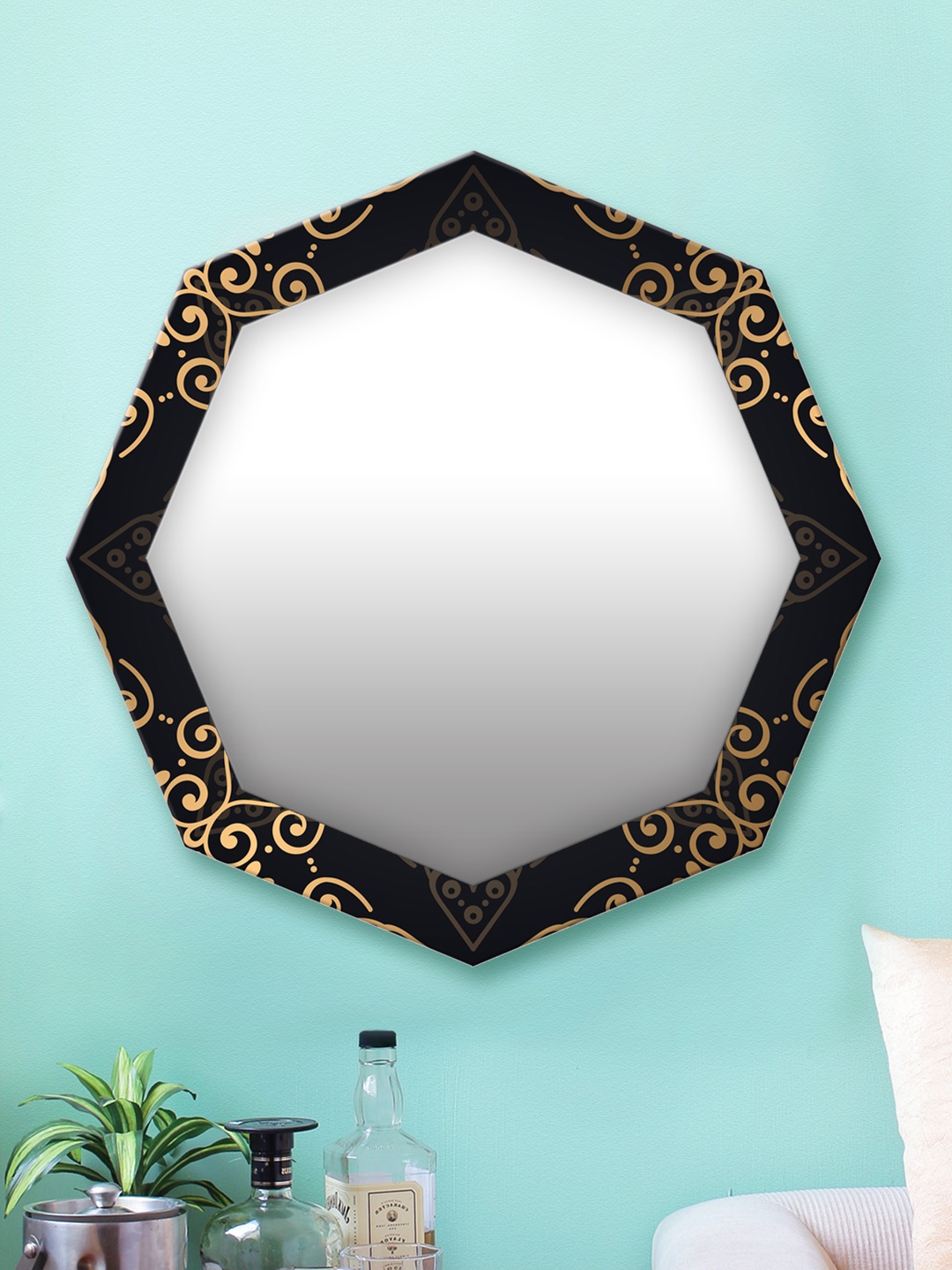 

999Store Black & Gold Printed MDF Wall Mirror