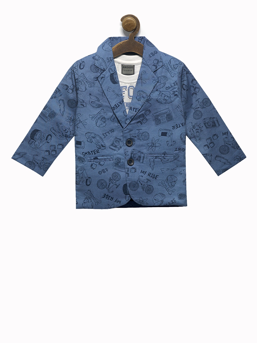

RIKIDOOS Boys Blue & White Printed Single-Breasted Blazer with Tshirt