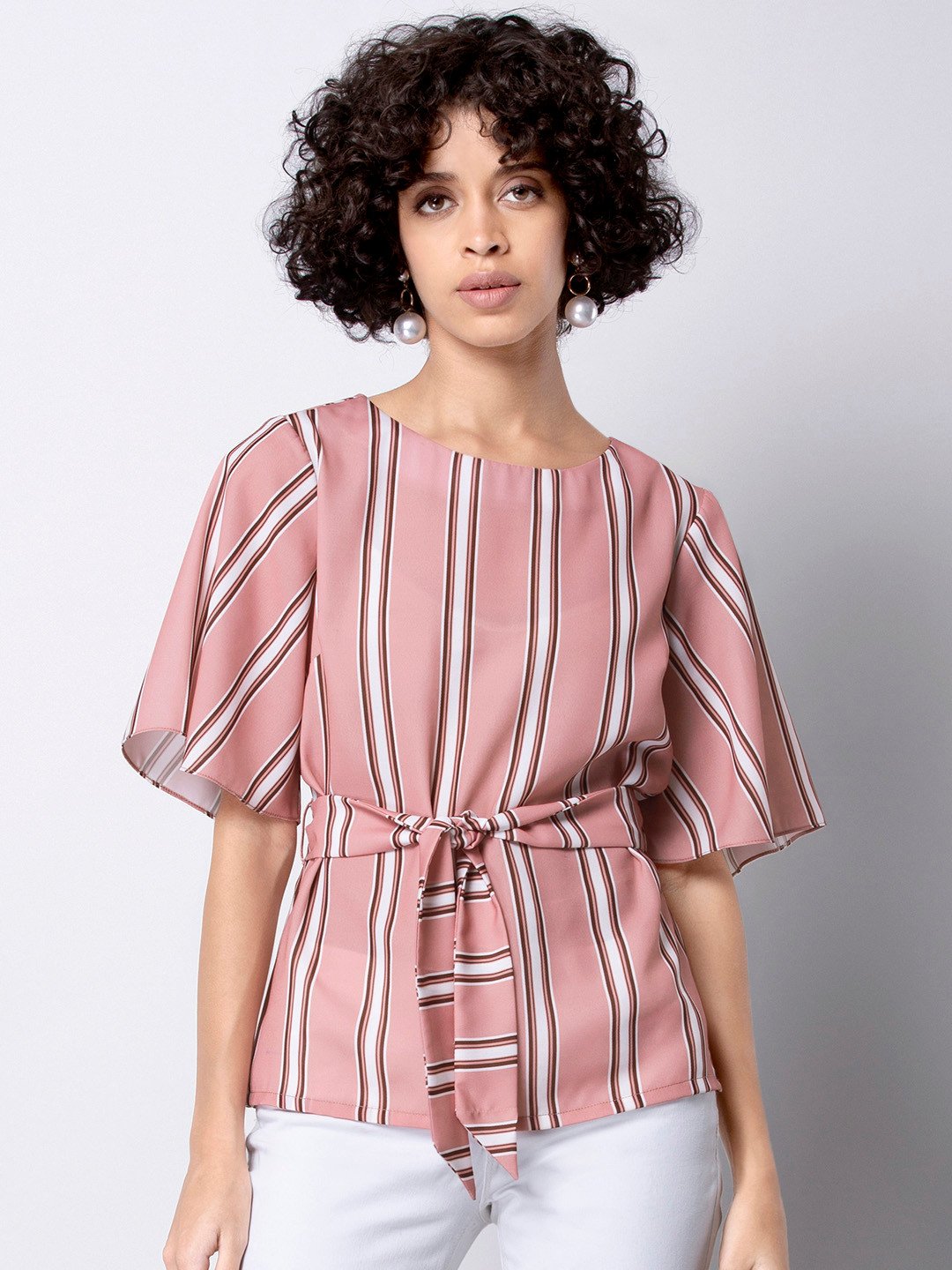 

FabAlley Women Pink Striped Cinched Waist Top