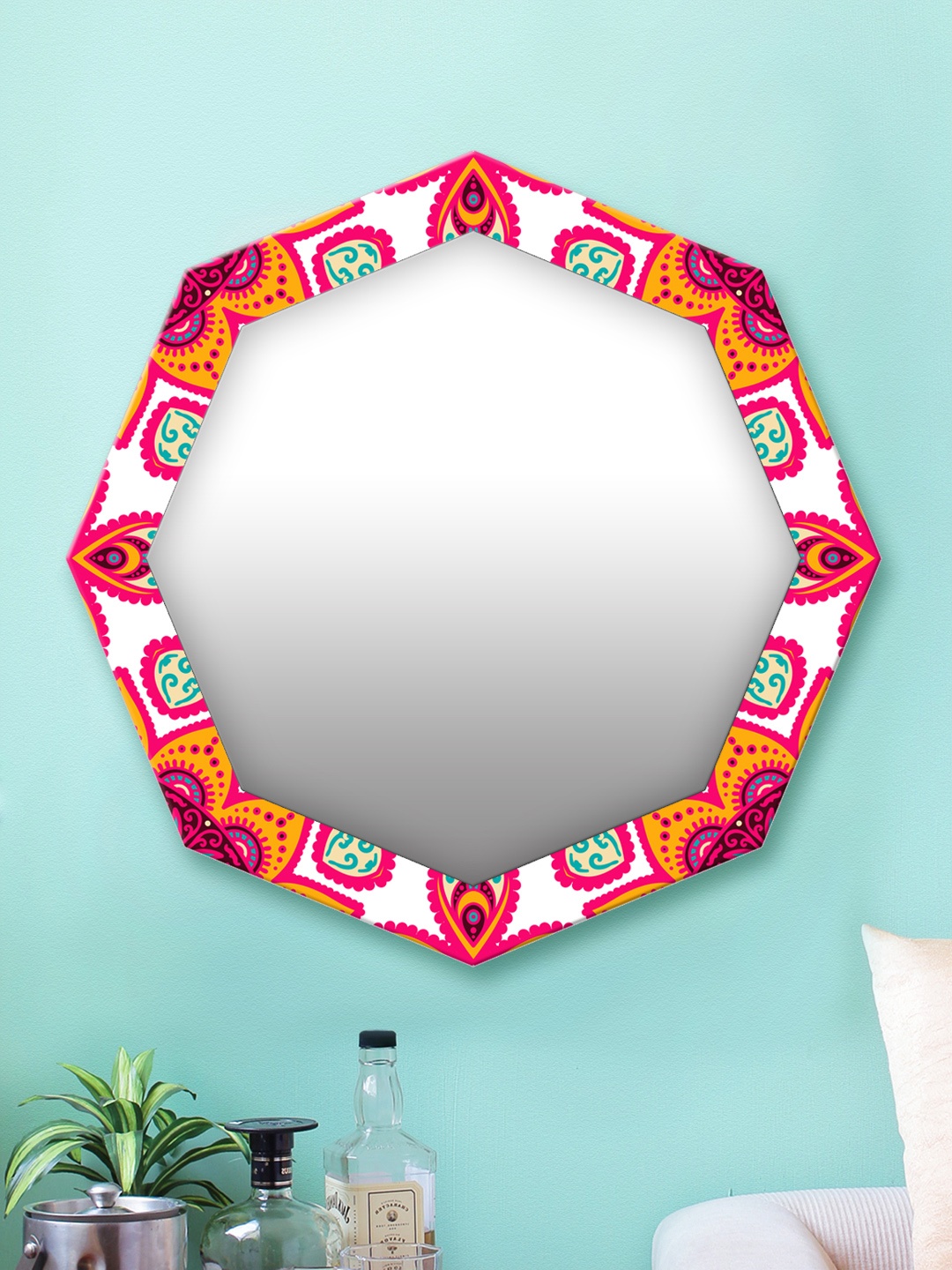 

999Store Yellow & White Printed MDF Wall Mirror