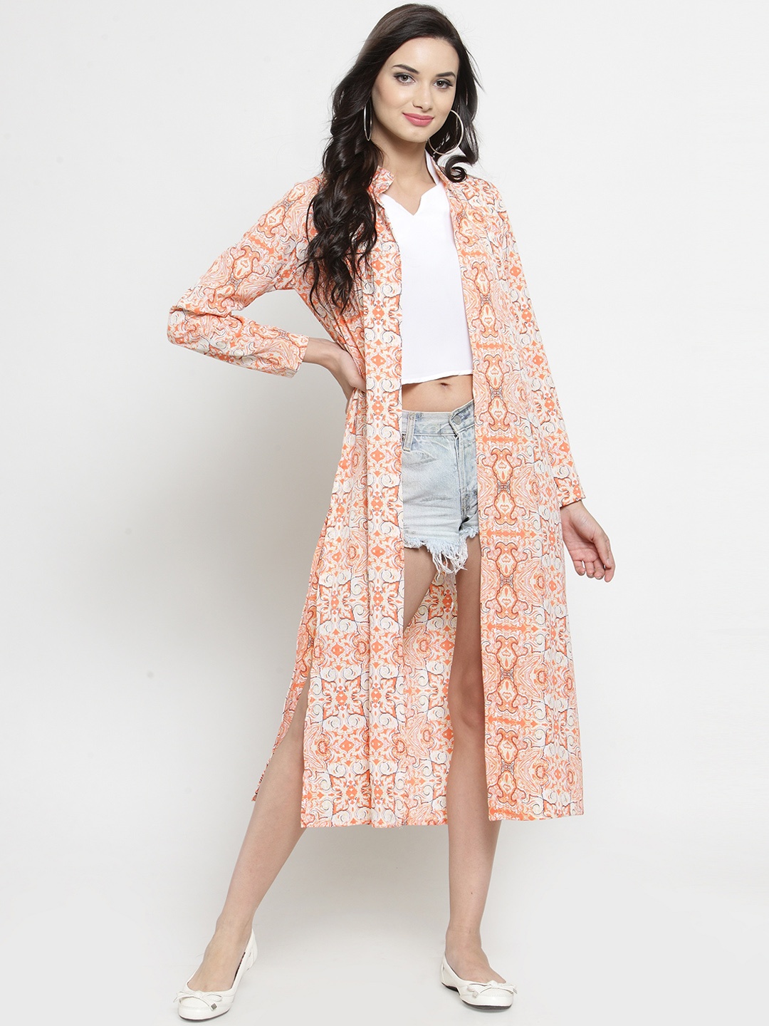 

Sera Orange & White Printed Open Front Shrug