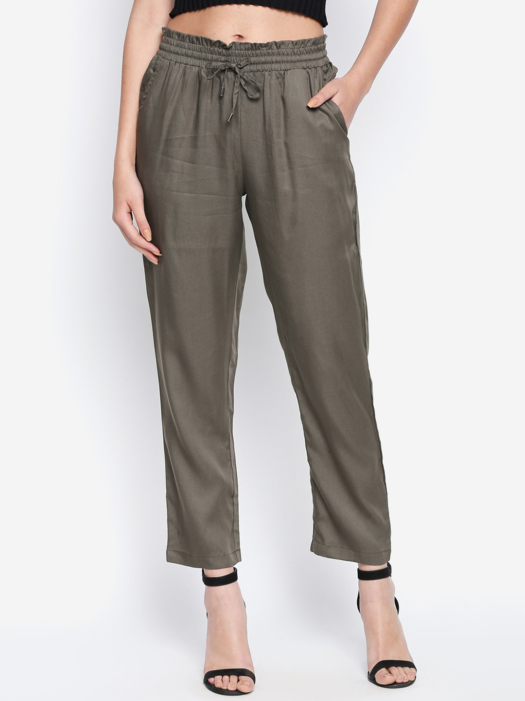

Honey by Pantaloons Women Olive Green Regular Fit Solid Regular Cropped Trousers