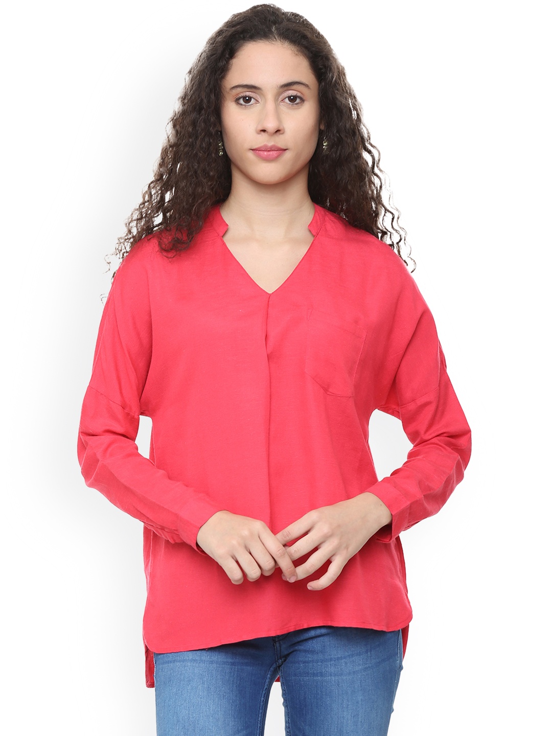 

People Women Pink Solid High-Low Top