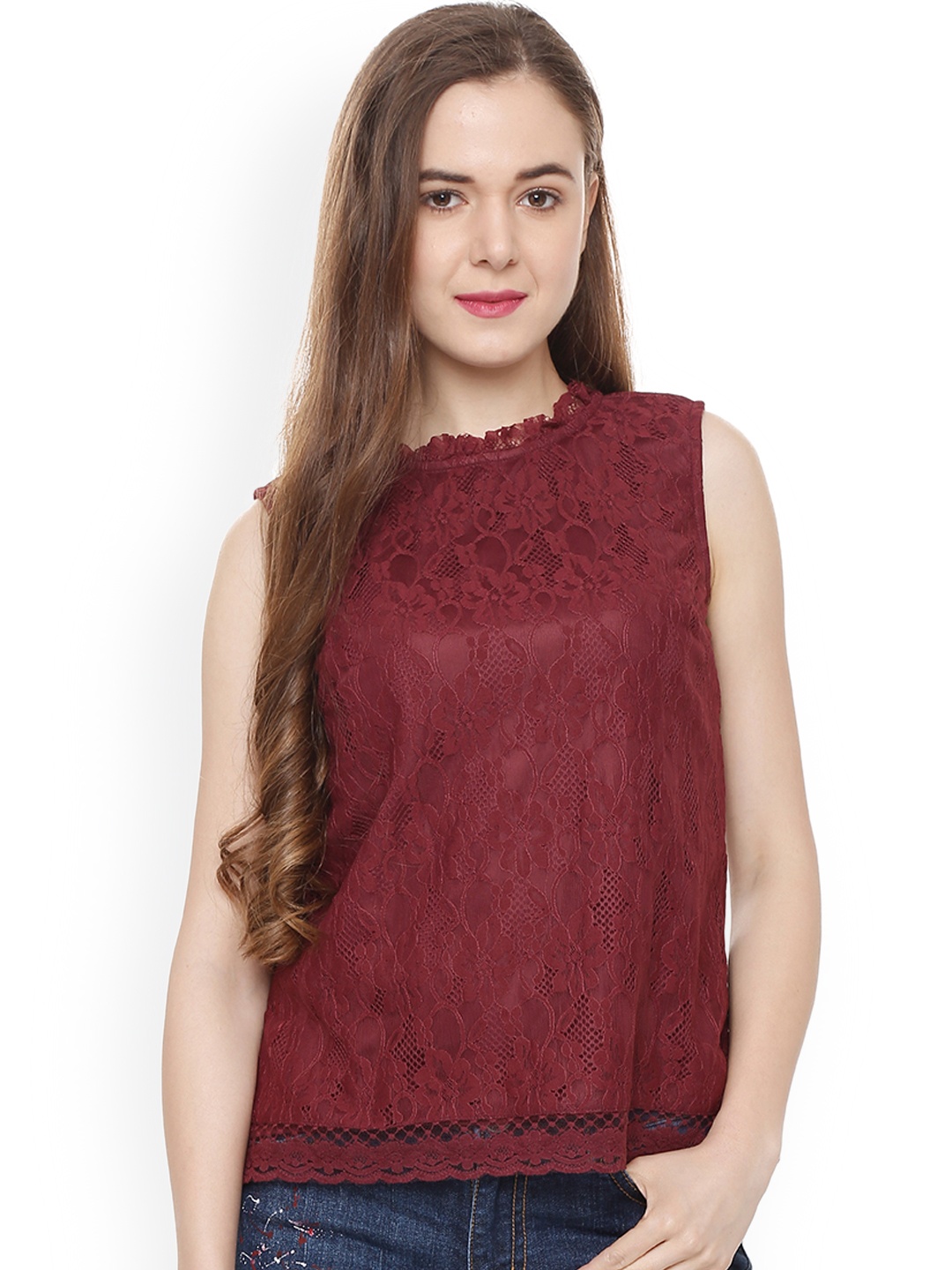 

People Women Maroon Self Design Top