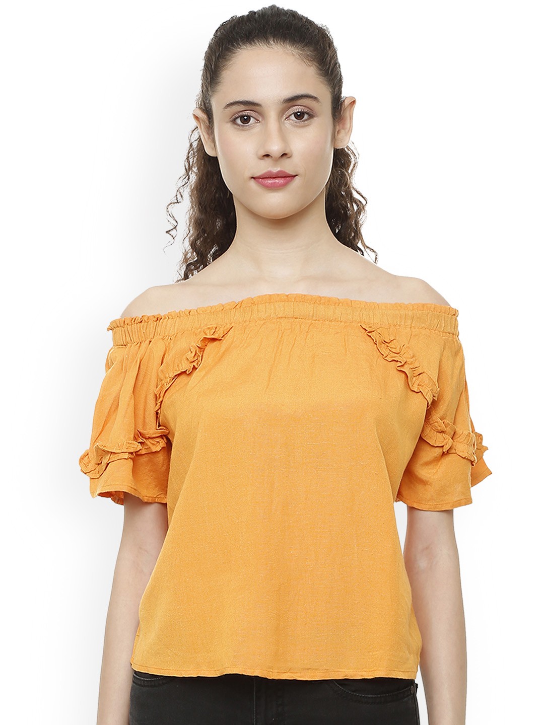 

People Women Mustard Yellow Solid Bardot Pure Cotton Top