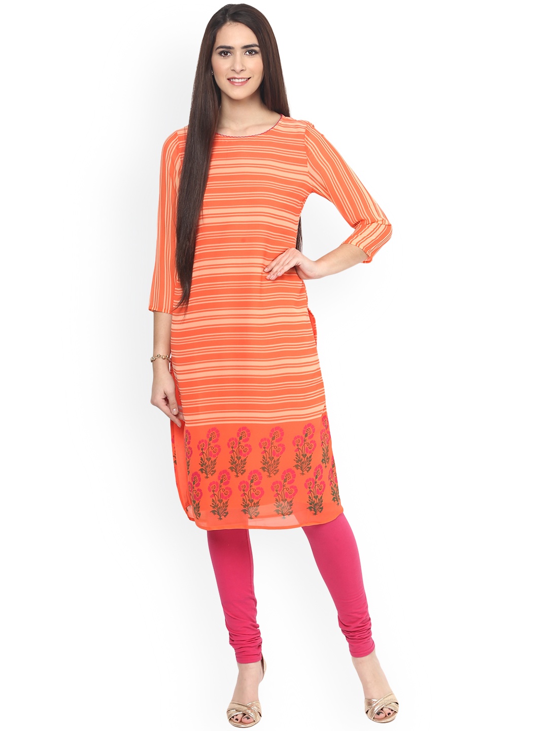 

Fusion Beats Women Orange Printed Straight Kurta