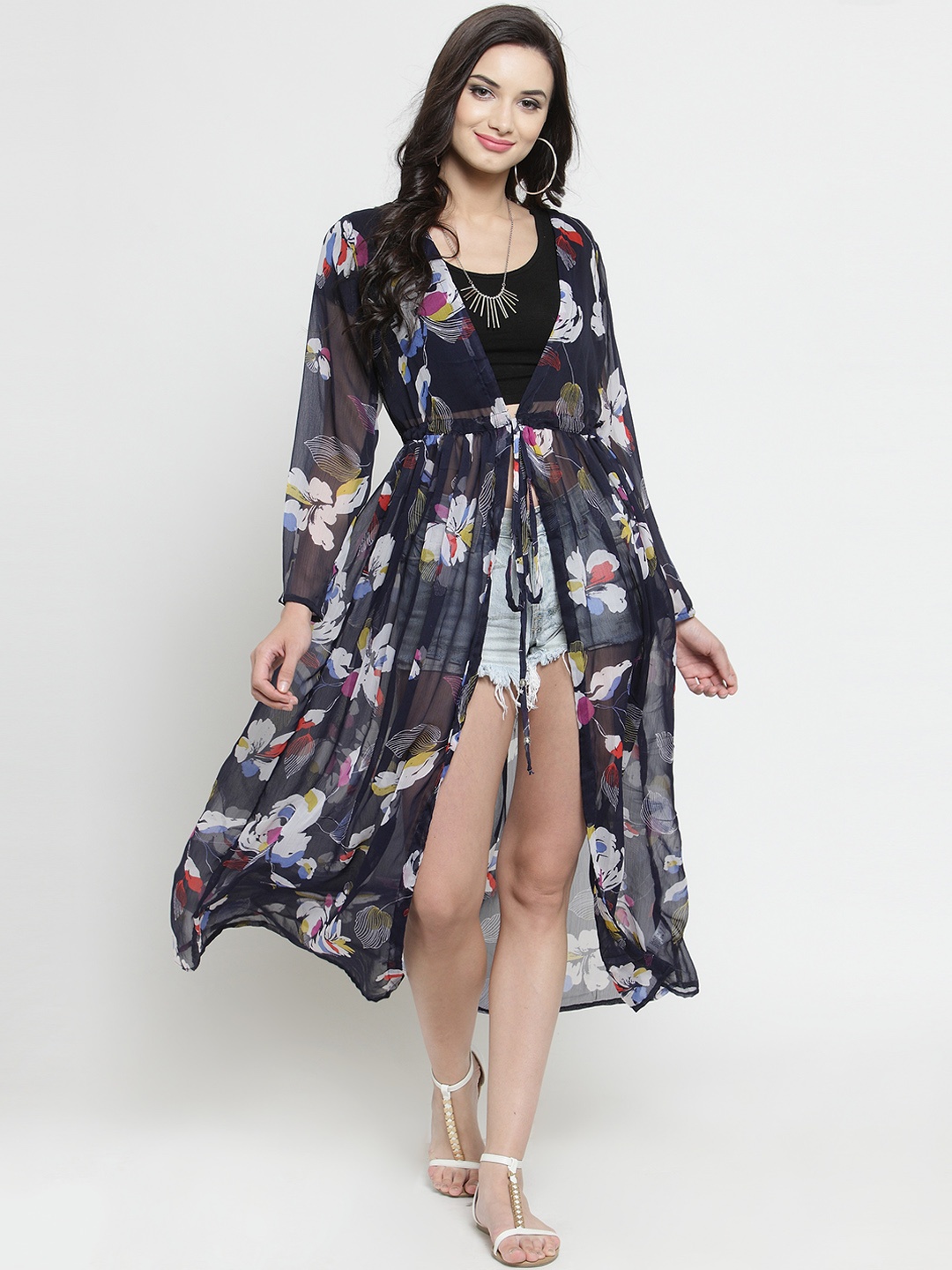 

Sera Navy Blue & White Printed Tie-Up Shrug