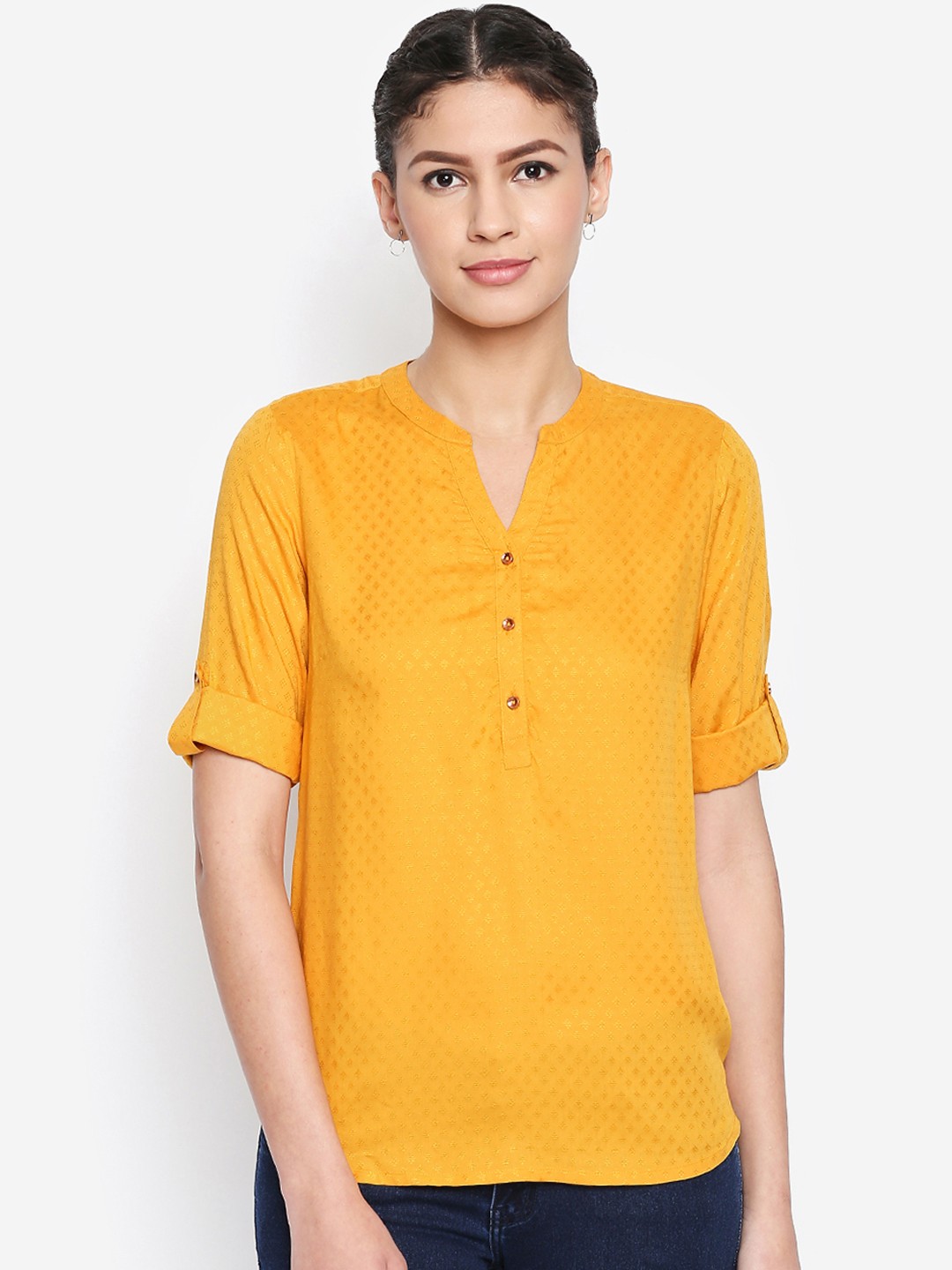

Honey by Pantaloons Women Mustard Yellow Self Design Shirt Style Top