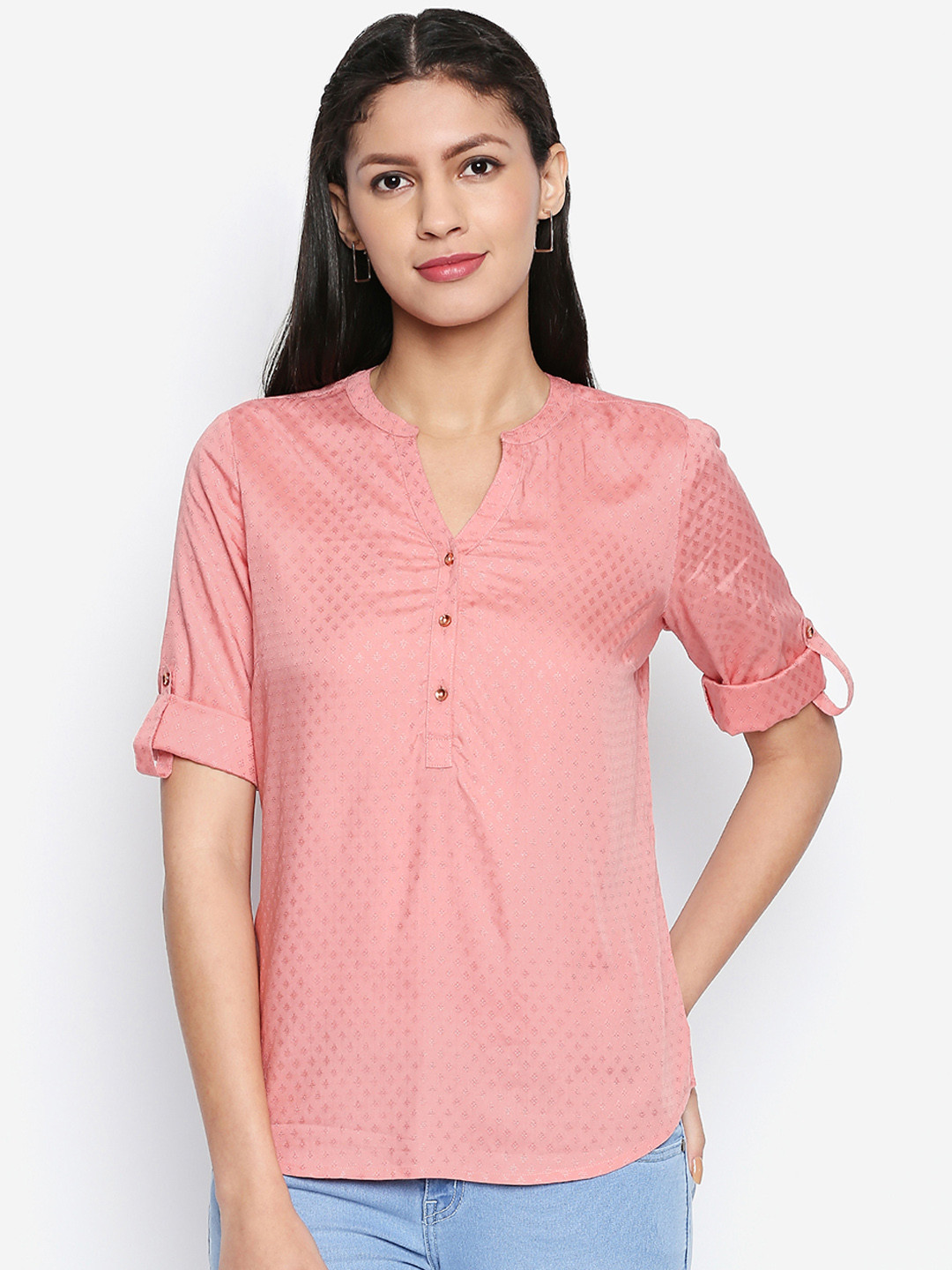 

Honey by Pantaloons Women Pink Self Design Shirt Style Top