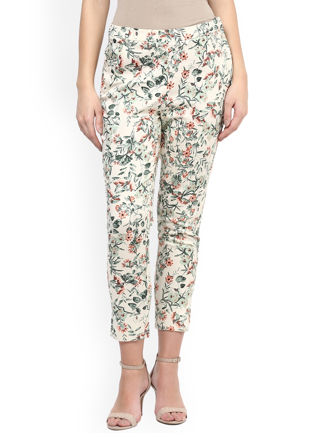 

109F Women Green & Off-White Regular Fit Floral Printed Regular Trousers