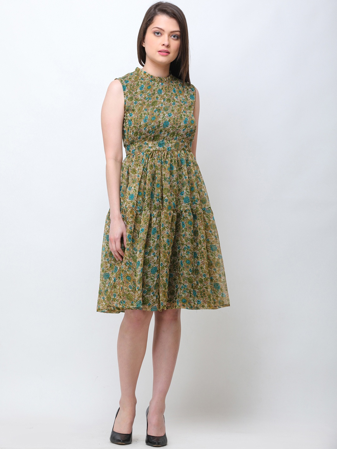 Cation Women Green Printed Fit and Flare Dress