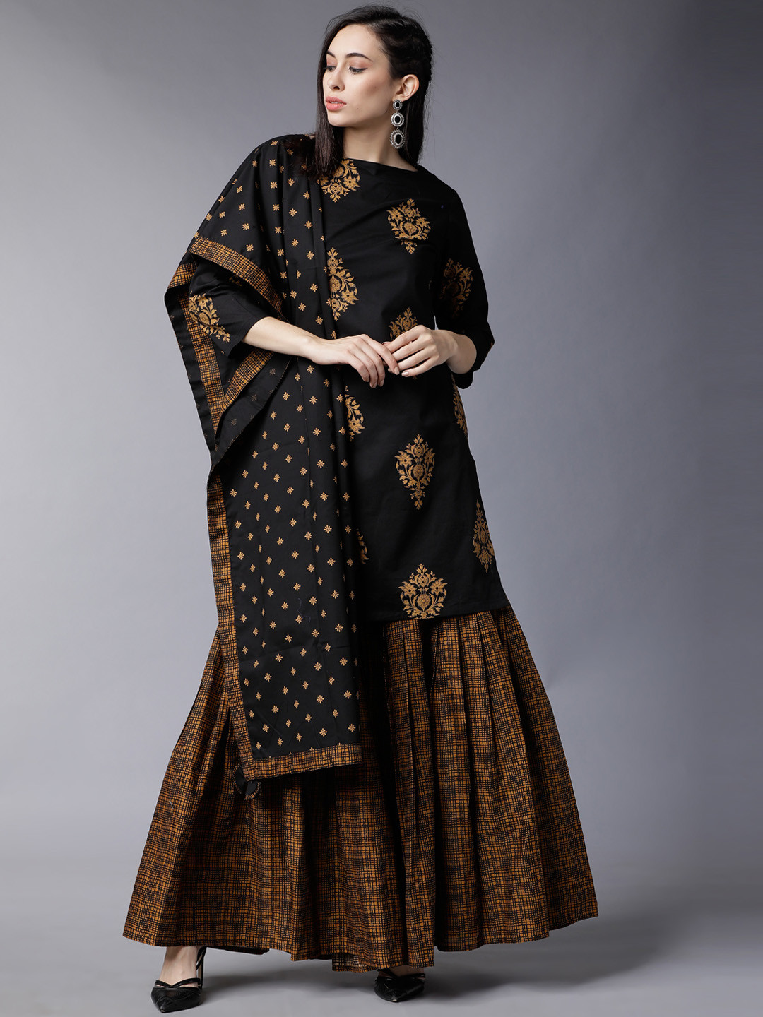 

Vishudh Women Black & Brown Printed Kurta with Sharara & Dupatta