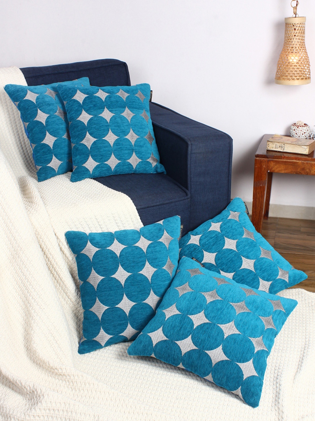 

ROMEE Turquoise Blue Set of 5 Geometric Square Cushion Covers
