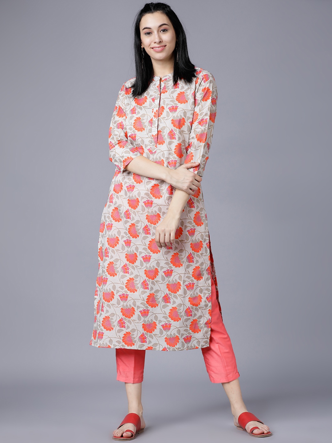 

Vishudh Women Grey & Orange Printed Straight Kurta