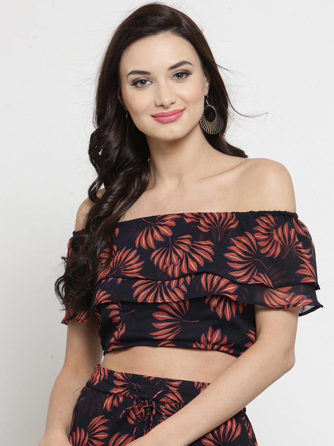 

Sera Women Navy Blue Printed Bardot Top