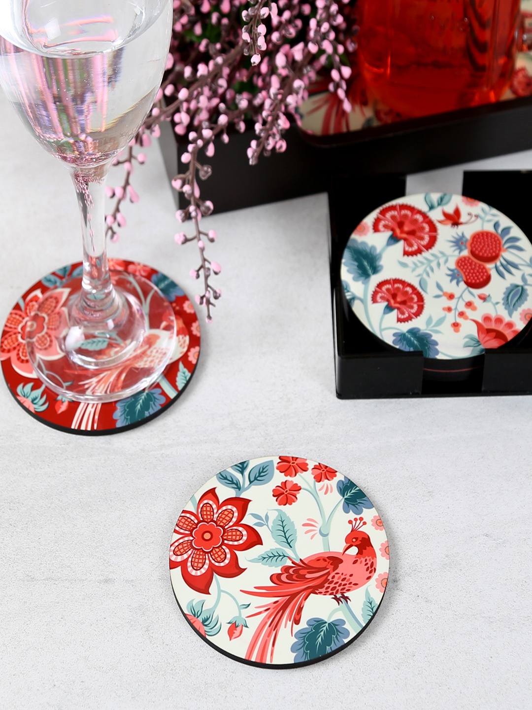 Reinvention Factory Set of 6 Printed Circular-Shaped Coasters, Red