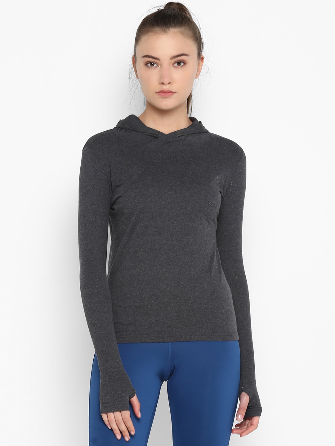 

appulse Women Charcoal Grey Solid Hood T-shirt