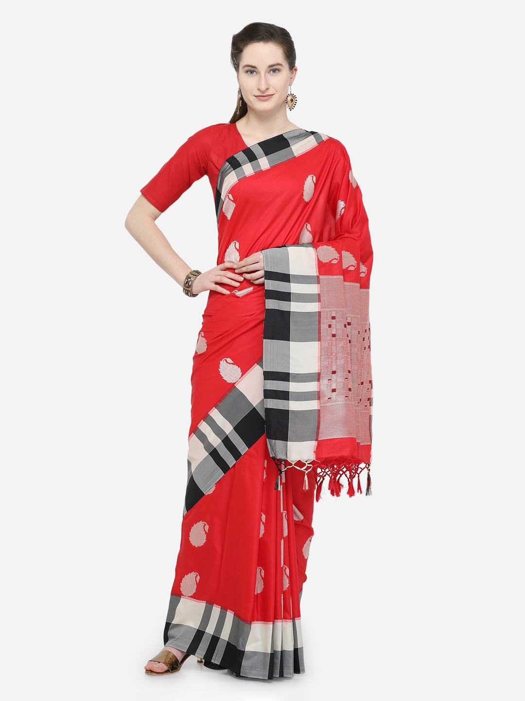 

Varkala Silk Sarees Red & Black Silk Blend Woven Design Banarasi Saree