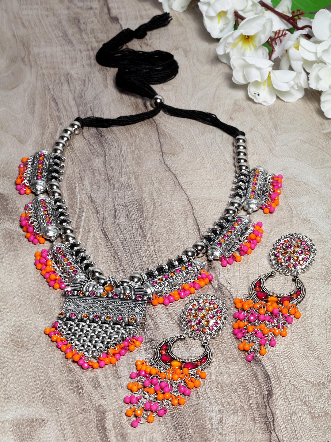 

Moedbuille Women Silver-Plated & Stone-Studded Handcrafted Jewellery Set, Pink