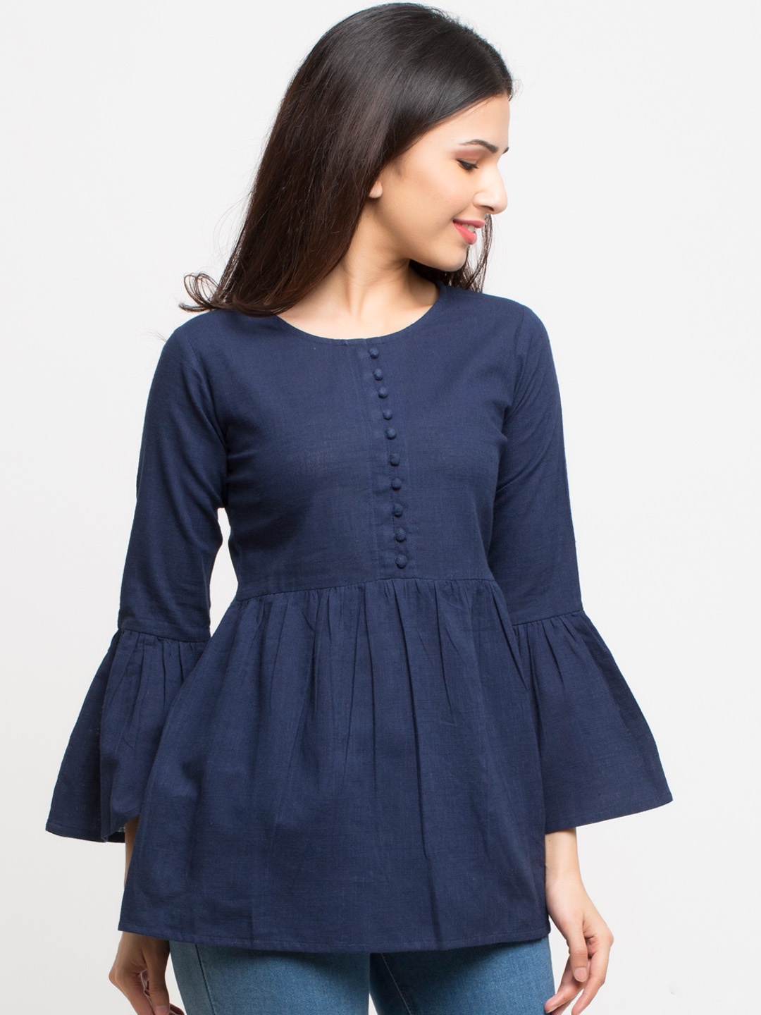 

YASH GALLERY Women Navy Blue Solid A-Line Top