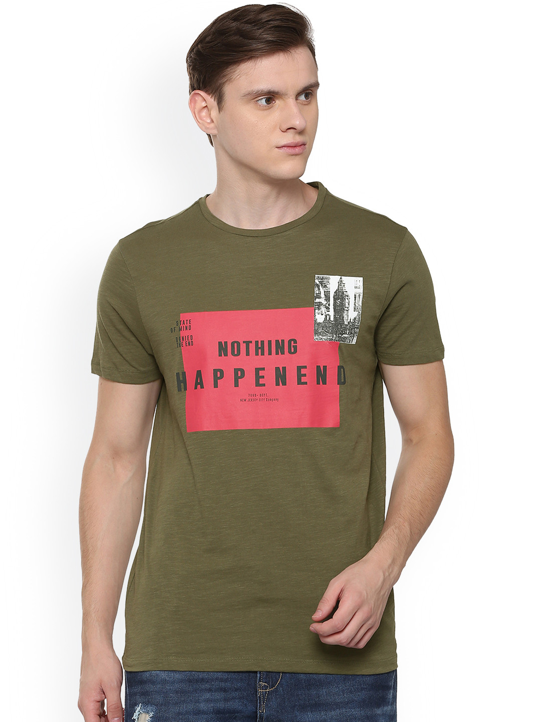 

People Men Green Printed Round Neck Pure Cotton T-shirt