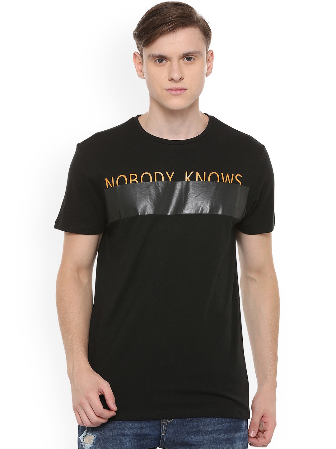 

People Men Black Printed Round Neck Pure Cotton T-shirt