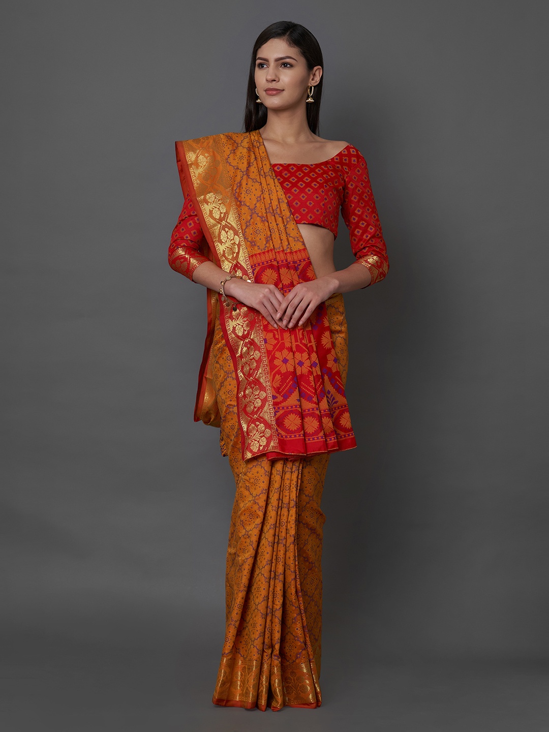 

Mitera Mustard Yellow Silk Blend Woven Design Banarasi Saree