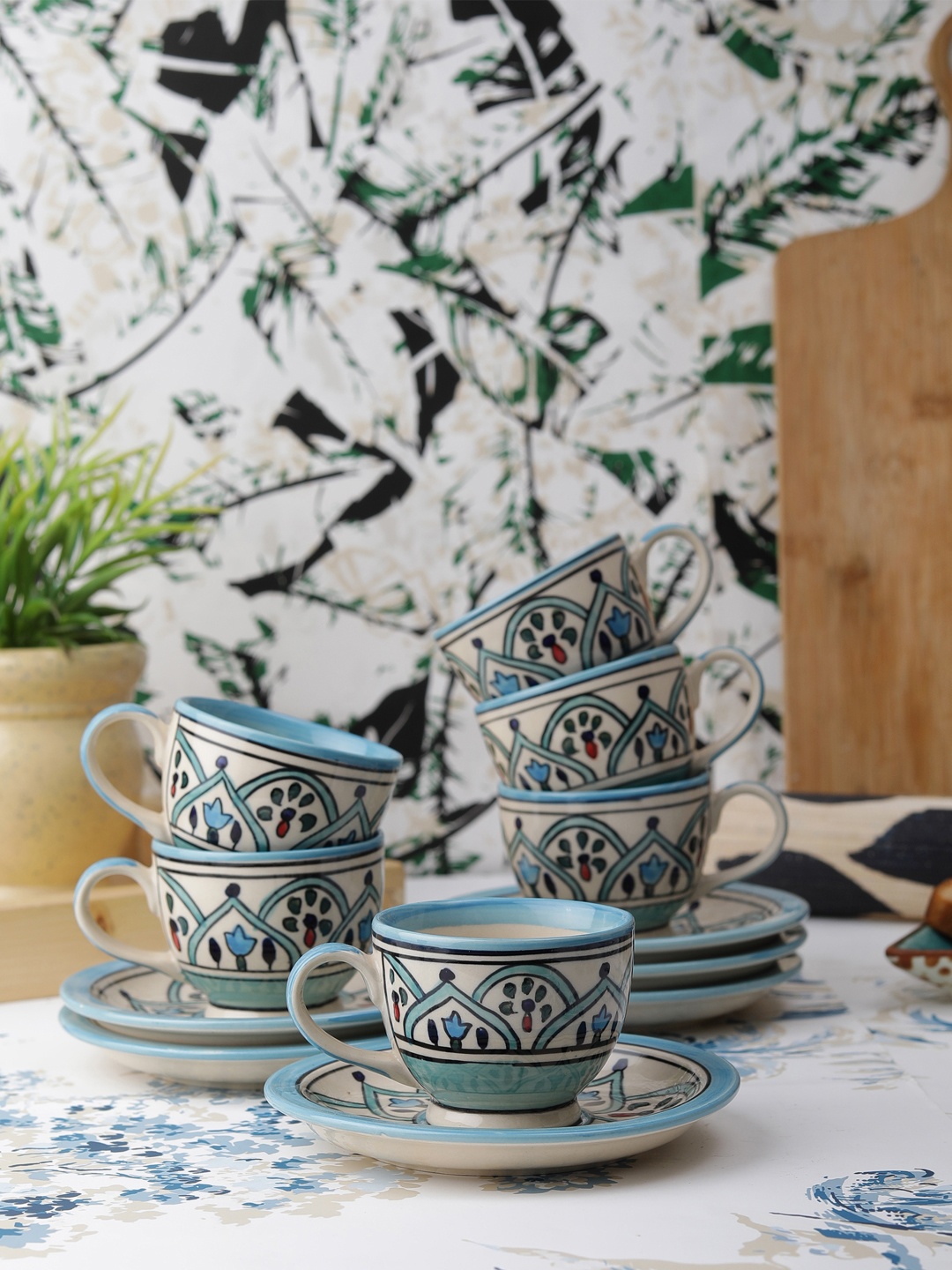 

VarEesha Set of 6 Blue Printed Ceramic Cups and Saucers, Off white