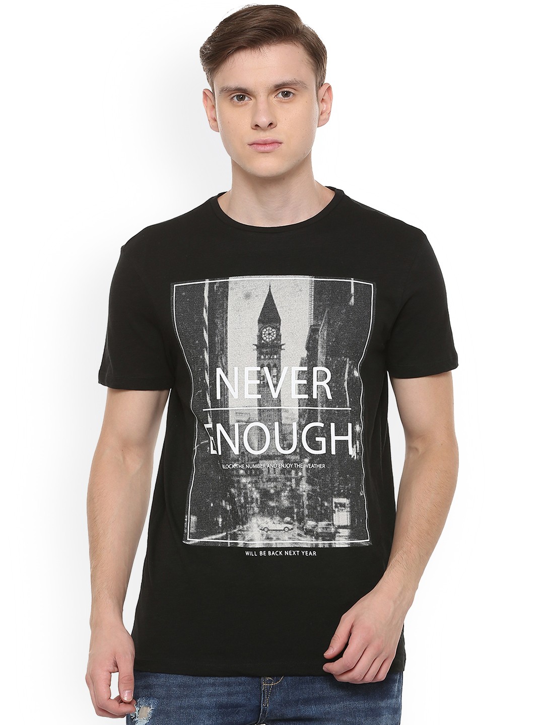 

People Men Black Printed Round Neck Pure Cotton T-shirt