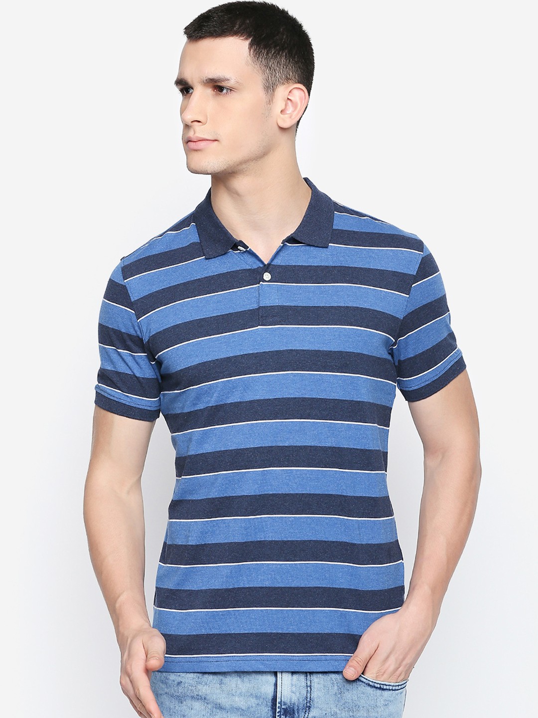 

BYFORD by Pantaloons Men Blue Striped Polo Collar T-shirt