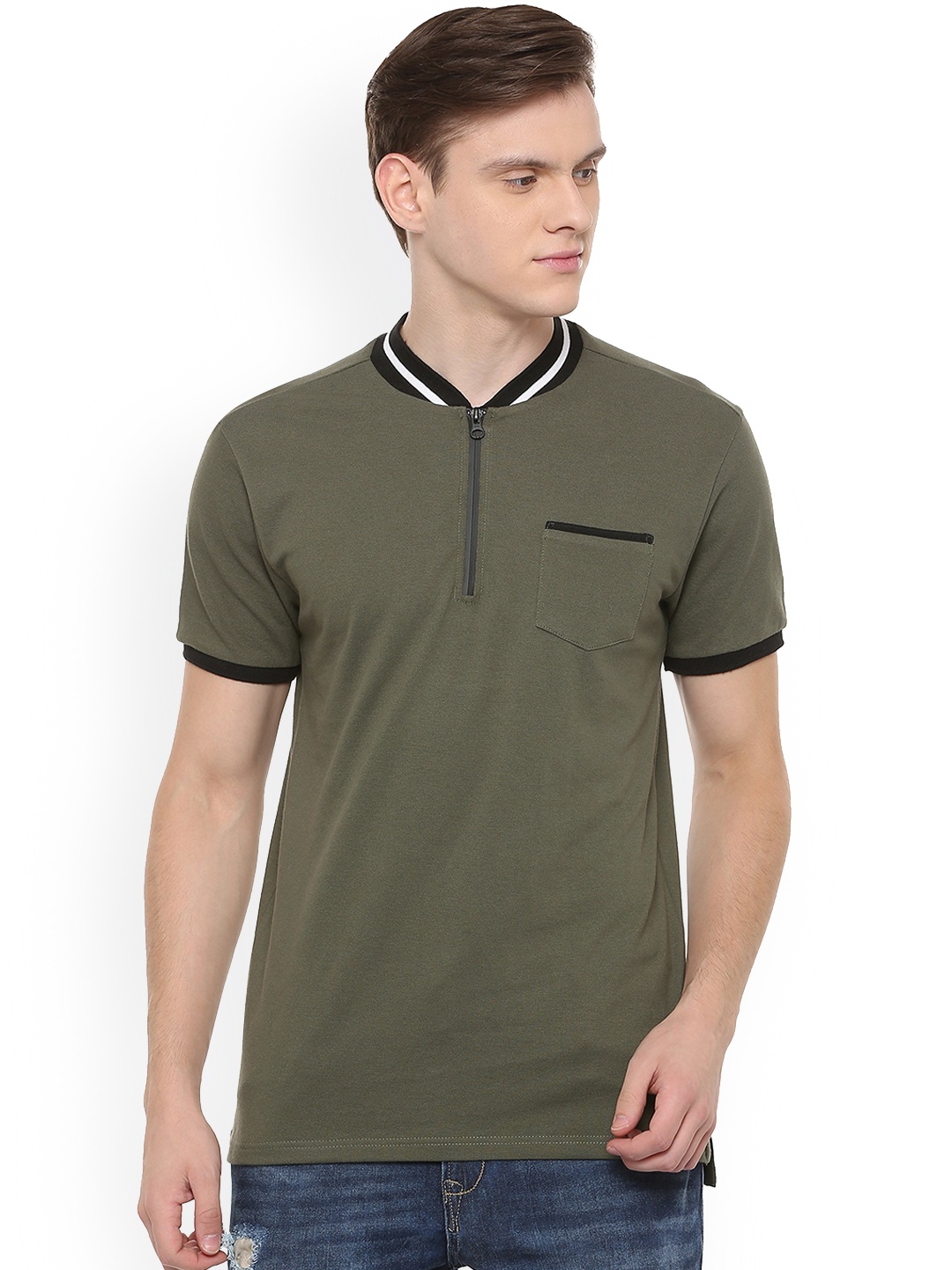 

People Men Green Colourblocked Mandarin Collar T-shirt