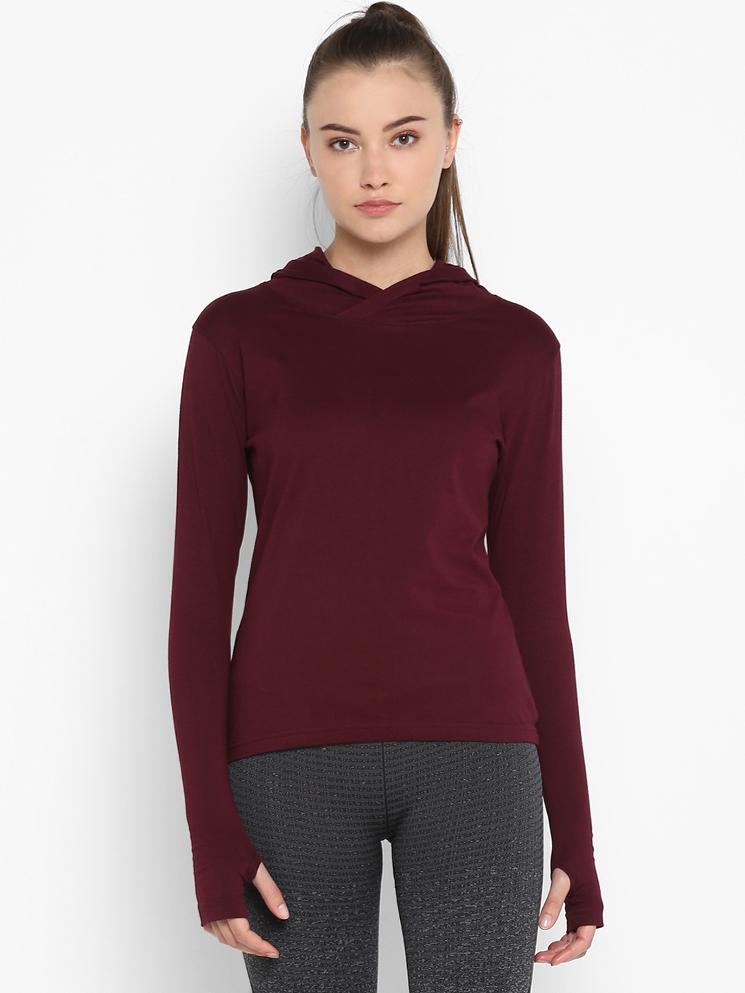 

appulse Women Maroon Solid Hood T-shirt