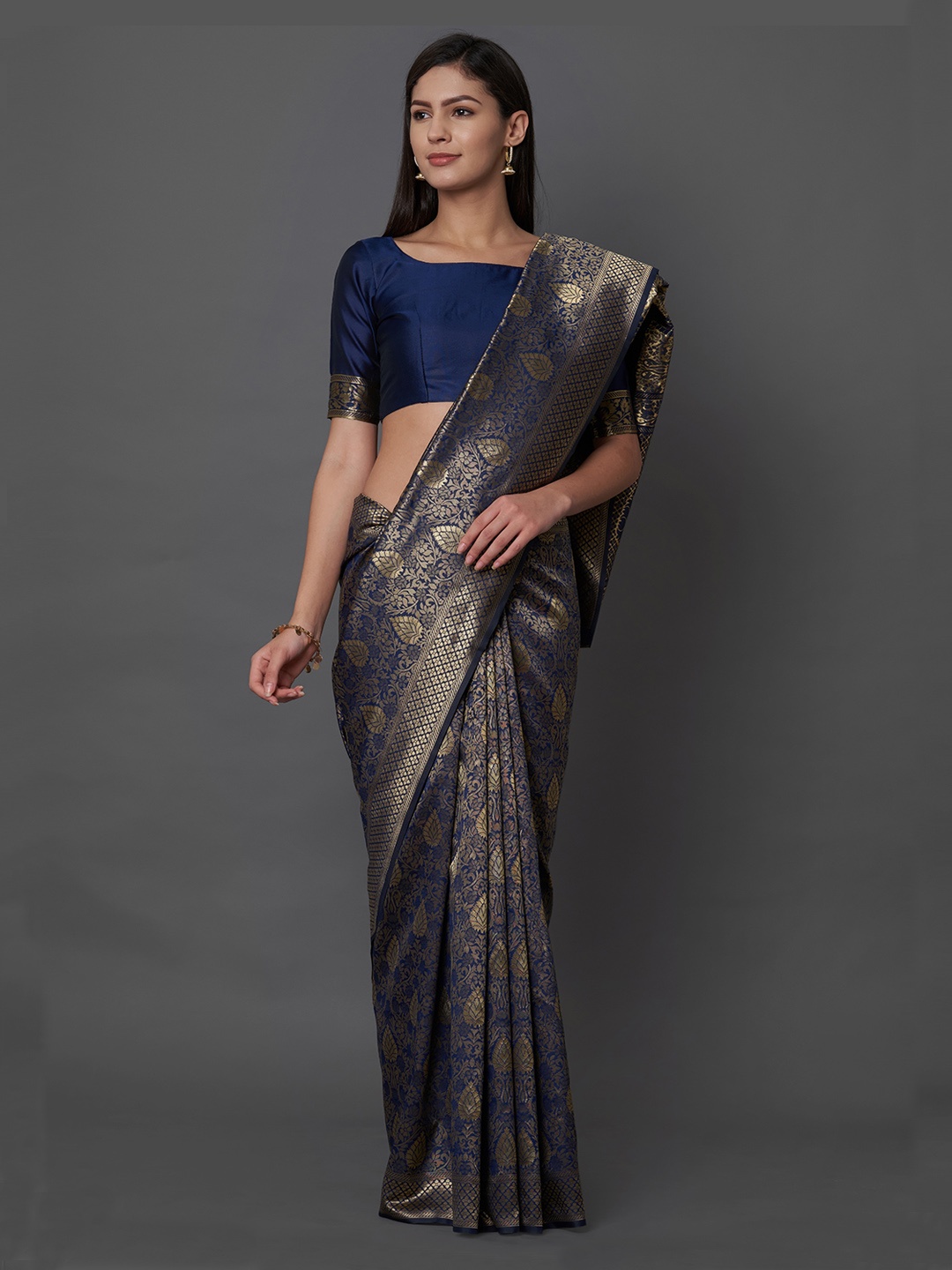 

Mitera Navy Blue Silk Blend Woven Design Banarasi Saree