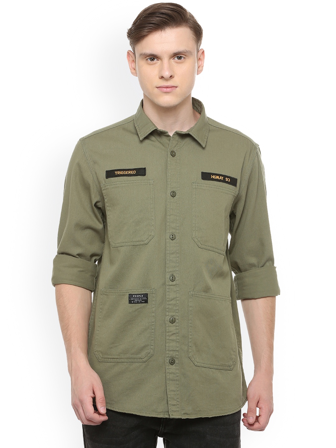 

People Men Green Regular Fit Solid Casual Shirt